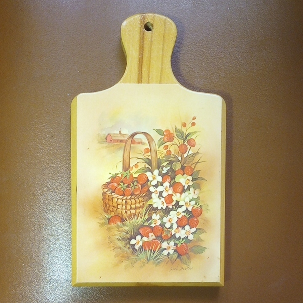 Decorative Wood Cutting Board, Strawberry & Floral Design, Tan Red Green White